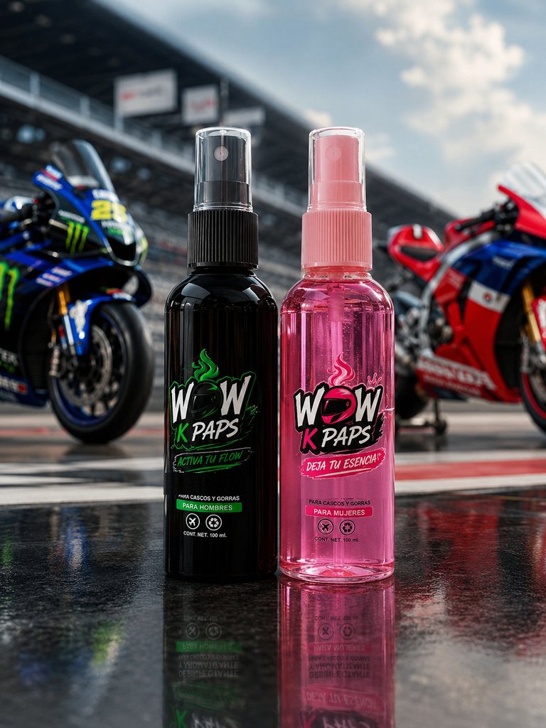 WOW K PAPS verde y rosa frente a motos de pista