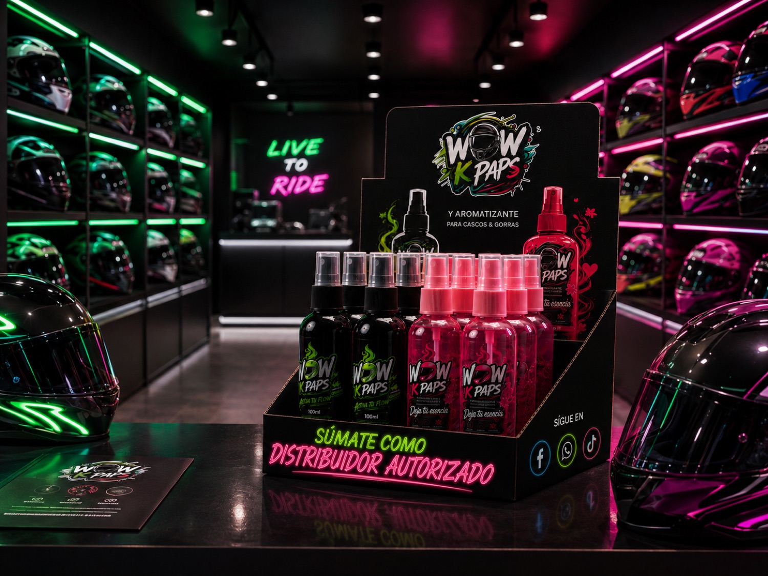 Exhibidor WOW K PAPS en tienda de cascos